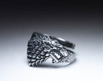 House Stark Direwolf Ring, Game of Thrones, silver, adjustable size, handmade ..... Stark Ring, Game of Thrones Ring