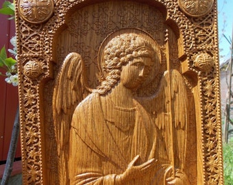 Archangel Michael religious icon Wood carving wall chistian decor FREE SHIPPING