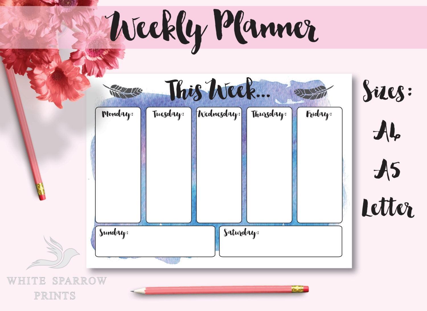 Printable WEEKLY PLANNER. Desk Pad. Diary. Binder. Unique