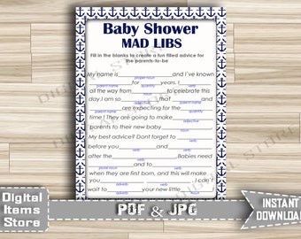 Baby Shower Mad Libs Blue Nautical, Advice Parents Cards - Printable Mad Libs with Nautical Anchor for baby boy - Instant Download - na1