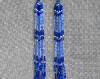 Blue Earrings. Extra Long Earrings. Shoulder Duster Earrings. Very Long Fringe Earrings. Beadwork.