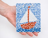 Sail Boat Mosaic // Sail Boat Wall Hanging // Blue Red White Mosaic // nautical nursery wall decor // ship //beach house / art / unique gift