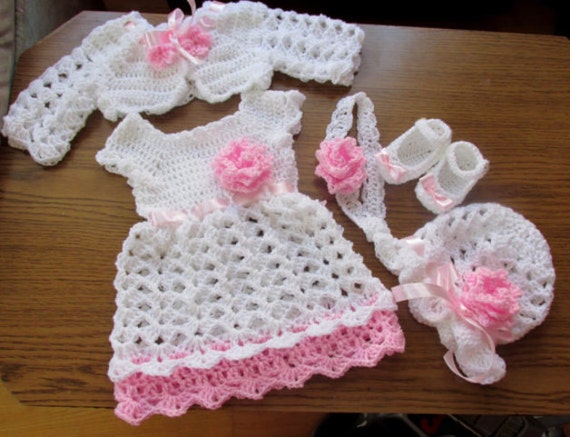 Baby Crochet Pattern Baby Dress hat shoes headband shrug PATTERN in 5 ...