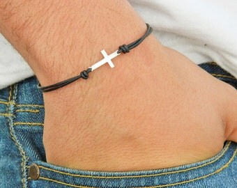 Mens bracelet .Cross bracelet.Sterling silver bracelet.Tiny silver bead bracelet.Friendship bracelet.Leather bracelet.String bracelet.H002