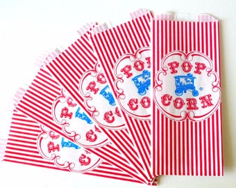 50 Carnival Birthday Retro Popcorn Bags Carnival Party- Blue Wagon & Red Stripe Circus Party Birthday, Wedding