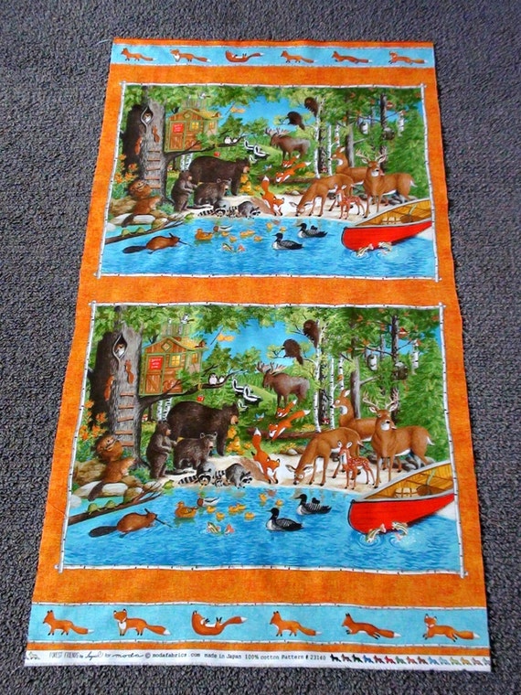 Woodland animal fabric panel. Forest Friends fabric. Bear. Deer