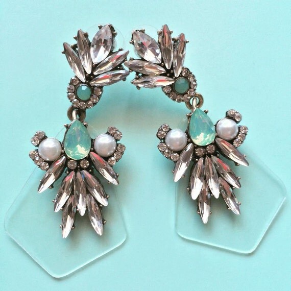 Clear Crystal and Mint Green Statement Earrings by LillyBryce