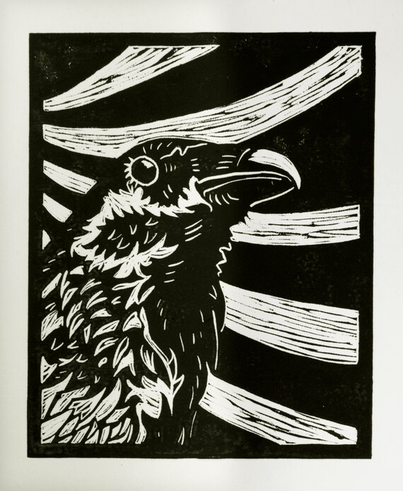 Raven Linocut hand made print Limited edition of 10 by STASKprints