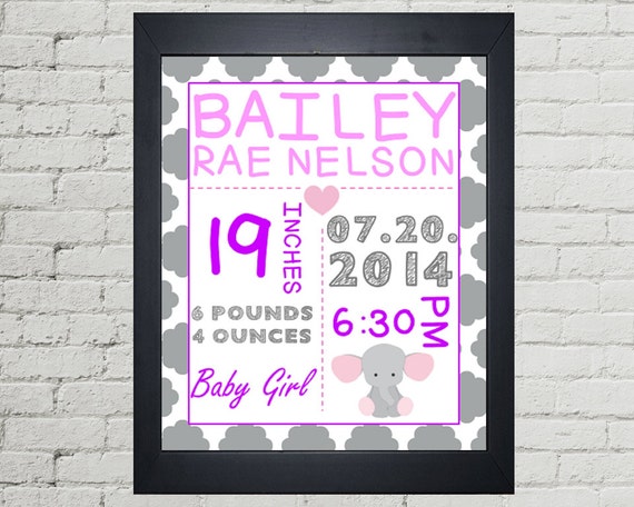 Baby Girl Birth Stat Announcement Printable Wall Art