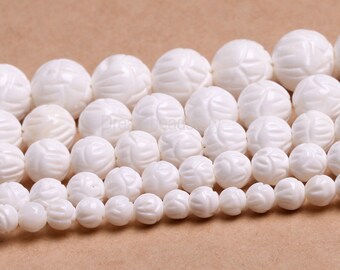 AA Tridacna 15 inch strand Carved Lotus Flower Beads, White Shell Bead, 6 8 10 12 14 16mm Round Lotus Flower Spacer Beads for Jewelry (Y59)