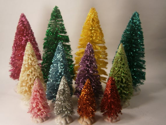 Assorted set of 12 glittered bottle brush trees: four of each size of colorful sisal trees