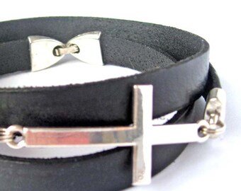 Men's leather bracelet, Black leather men's wrap bracelet with silver plated metal cross and silver plated clasp, Bracelet for Man, Men Gift