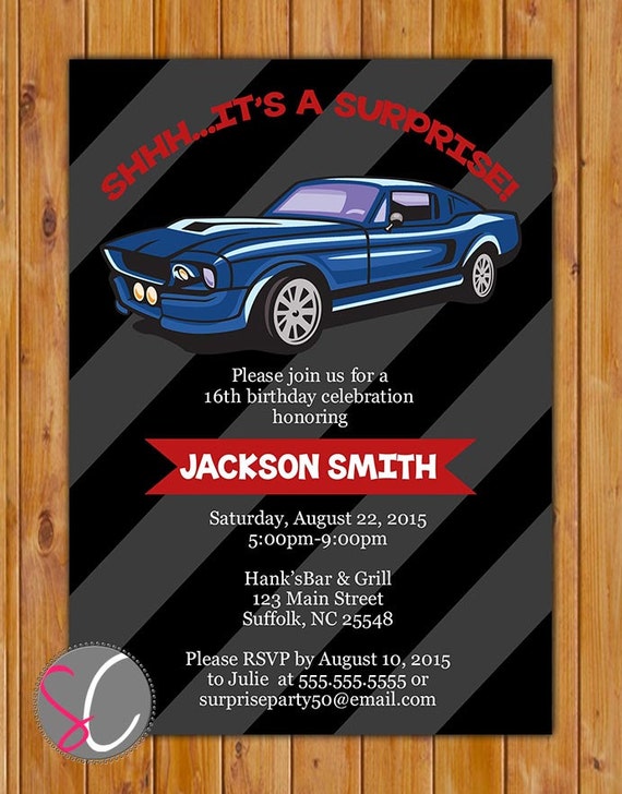 Teen Surprise Car Birthday Party Invite Blue Muscle Car