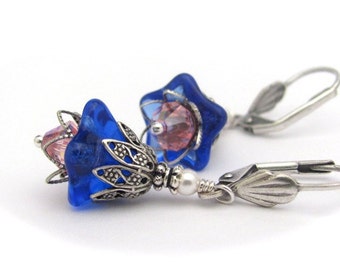Blue Flower Earrings, Rose PInk Swarovski Crystals, Antiqued Silvertone Dangles, Hawaii Flowers, Cobalt Blue, Clip On Earrings Available