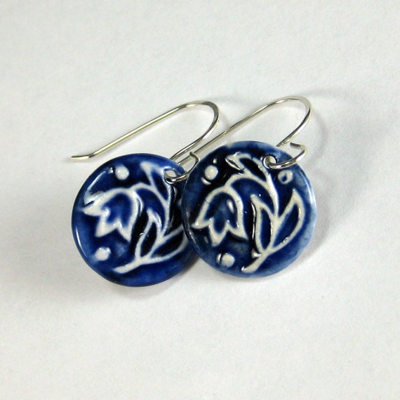 Tulip Porcelain Earrings In Navy Blue and White With Sterling