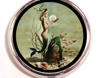 Mermaid 1950's Pill Box Case Pillbox Mermaids Pin Up Retro Nautical Ocean Beach Lovers Artwork Seashell Under the Sea School of Fish