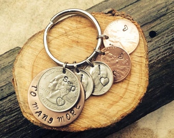 Anniversary stamped coins key chain, key ring coins, gift for her or him, hand-stamped any combination, new baby, wedding