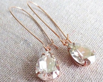 Swarovski Silver Shimmer Pear Crystal Long Dangling Teardrop Tear Drop Rose Gold, Gold, Silver Bridal Earrings Wedding Bridesmaids Gifts