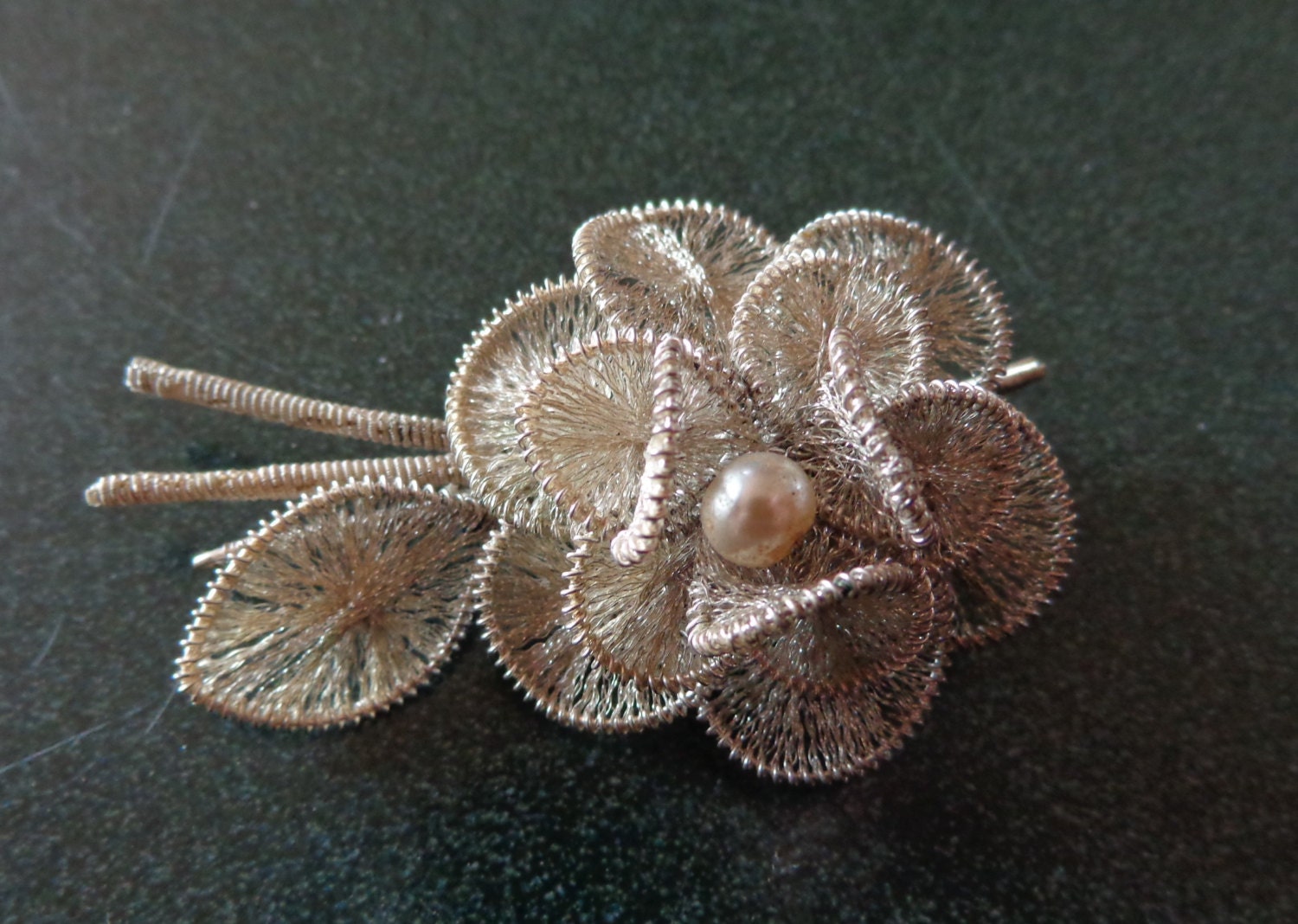 Vintage Silver Tone Wire Mesh Flower Brooch Pin by woodupnorth