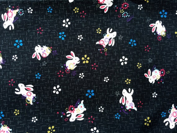 Japanese Fabric  Half Yard  Cute Beige Rabbits And Flowers - Black Fabric  110 cm x 50 cm (F86)