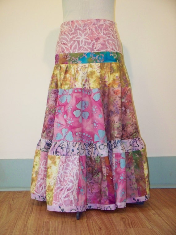 Batik Print Gathered Tiers Maxi Skirt in Pinks by bluemermaid123