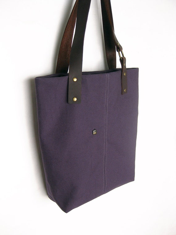 Canvas Tote Bag with Dark Brown Leather Straps Purple-Blue