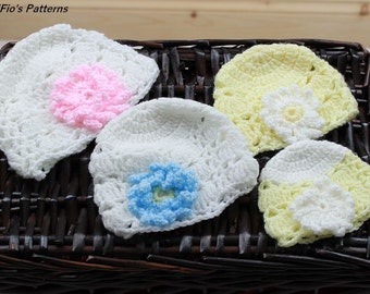 Free Crochet Pattern 1- Crochet Baby Pattern - Crochet Beanie Pattern - 4 sizes- (small preemie to 0-3 months) Crochet Flower Hat #FP1