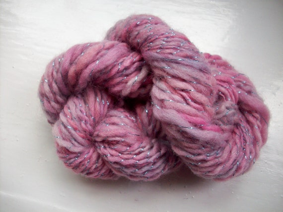 Handspun merino, hand dyed, pink, lilac, metallic thread, subtle gleam