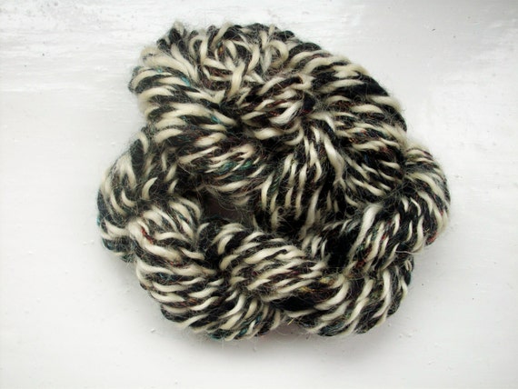 Handspun merino yarn, art yarn, black, white, Angelina sparkle, by SpinningStreak