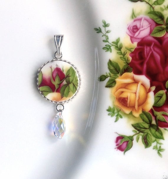 Broken China Jewelry Old Country Roses Vintage China Crystal Pendant Necklace