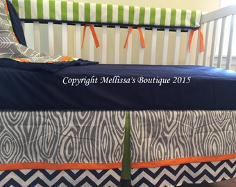 Rustic Arrows & Wood Grain Grey Navy Orange and Lime Baby Nursery Bumperless Crib Bedding Set made with Designer Fabrics MADE To ORDER