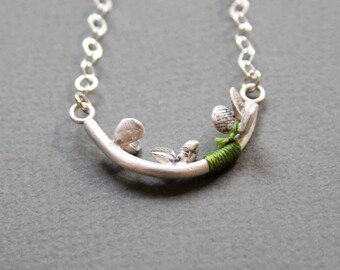 Sterling Silver Statement Necklace with Green Thread - Baoab Tree - One of a kind