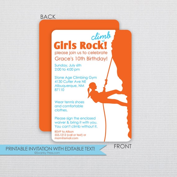 Rock Climbing Girls Party Invitation Diy Instant Download Editable File Personalize At Rock Climbing Log Book Template