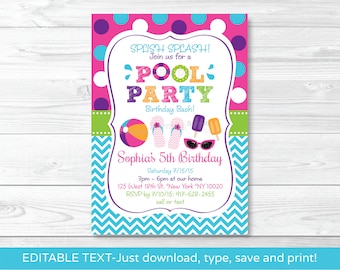 Girls Pool Party Invitation / Pool Party Invitation / Pool Party Invite / Summer Party / Girl Birthday / INSTANT DOWNLOAD Editable PDF