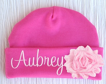 Personalized Baby Hat Flower Newborn Girl Monogrammed Name Cap Embroidered