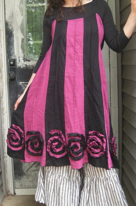 Pink and Black Linen Striped Swirly Bottom Dress XL