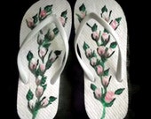 White Ladies Size Medium 7-8 Shabby Chic Pink and White Rosebud Flip Flops Hand Painted Free Shipping