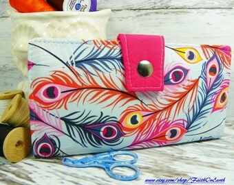 Handmade Long Wallet BiFold Clutch Vegan Wallet - Feather Sky Wallet or half size unisex wallet