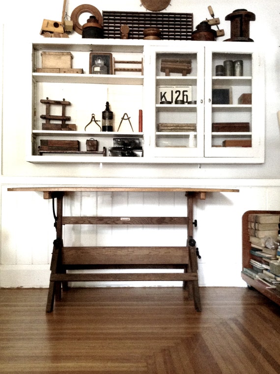 Antique Hamilton Oak Drafting Table Iron Hardware