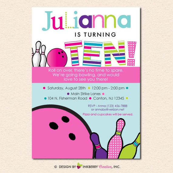 Perfect Strike - Girl's Bowling Birthday Party Invitation (Digital File - Printed Cards Also Available) Il_570xn