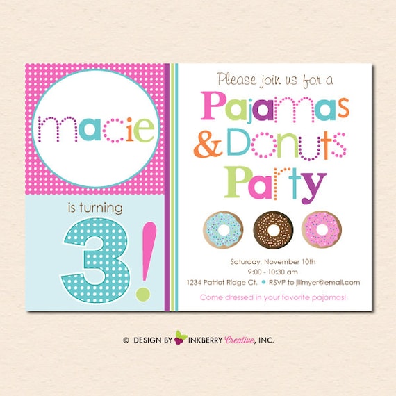Pajamas and Donuts Birthday Party Invitation (Digital File - Printed Cards Also Available) Il_570xn