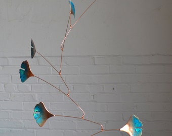 Free Shipping on Copper Mobile - Handmade Mobile Art - W Ginkgo Leaves - Green Patina