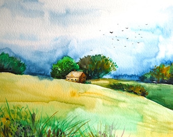Watercolor Landscape Painting, Original Art, Storm, 9"x12"
