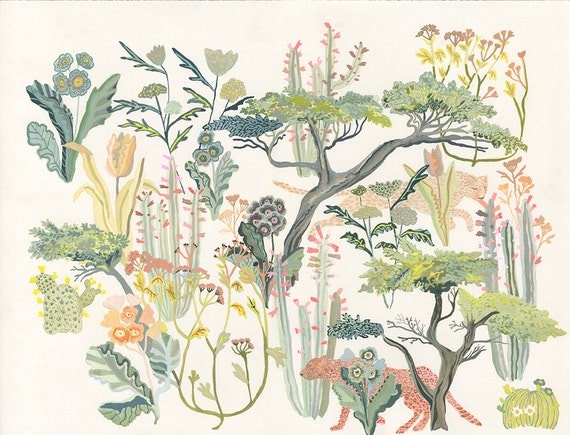 Cypress Trees, Cheetahs, and Primula - Original painting