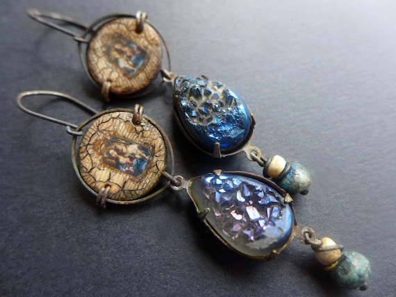 The Truth We All Know. Rustic assemblage earrings, Virgin Mary, blue titanium druzy.
