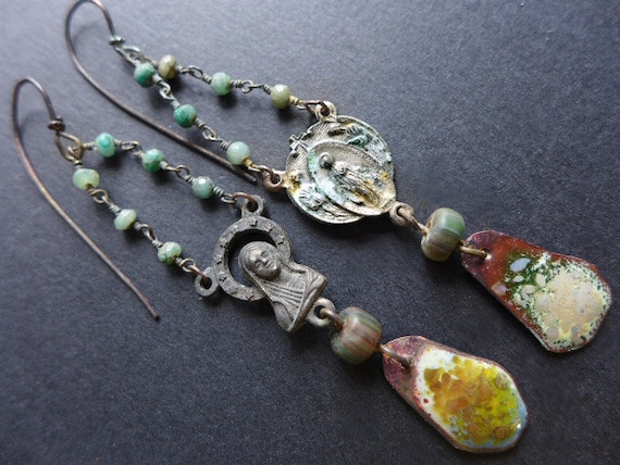 Acatalepsy. Long rosary center earrings with torch enamel in green. Victorian tribal assemblage.