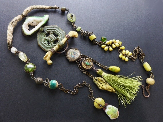 Ode to Spring. Chartreuse green rustic assemblage necklace.