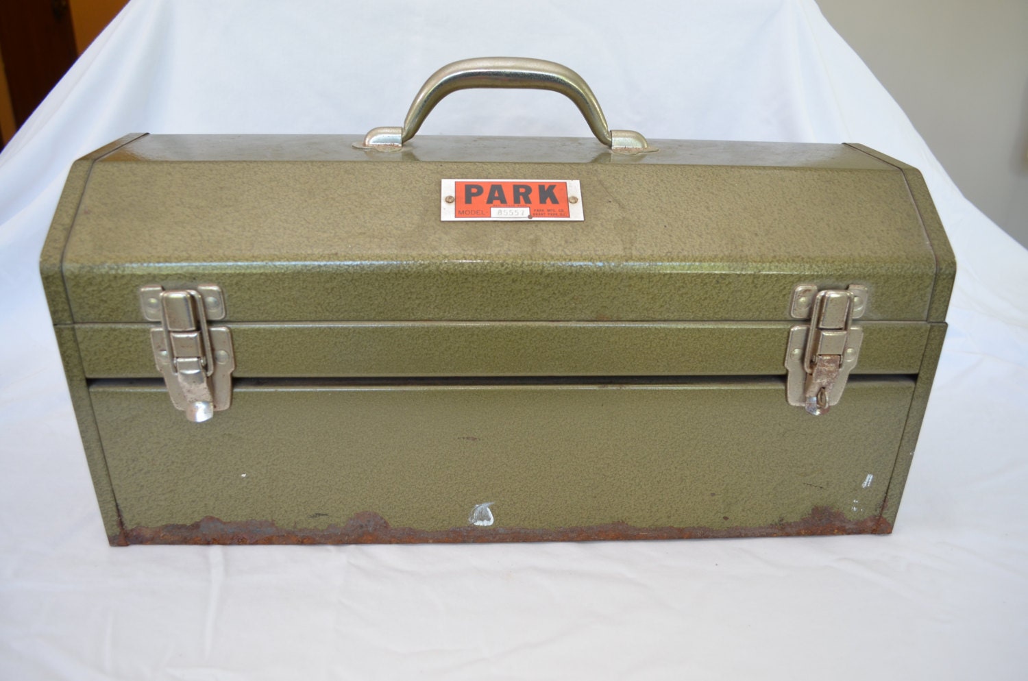 Vintage PARK Green Metal Tool Box 1950's 60's by ilovevintagestuff