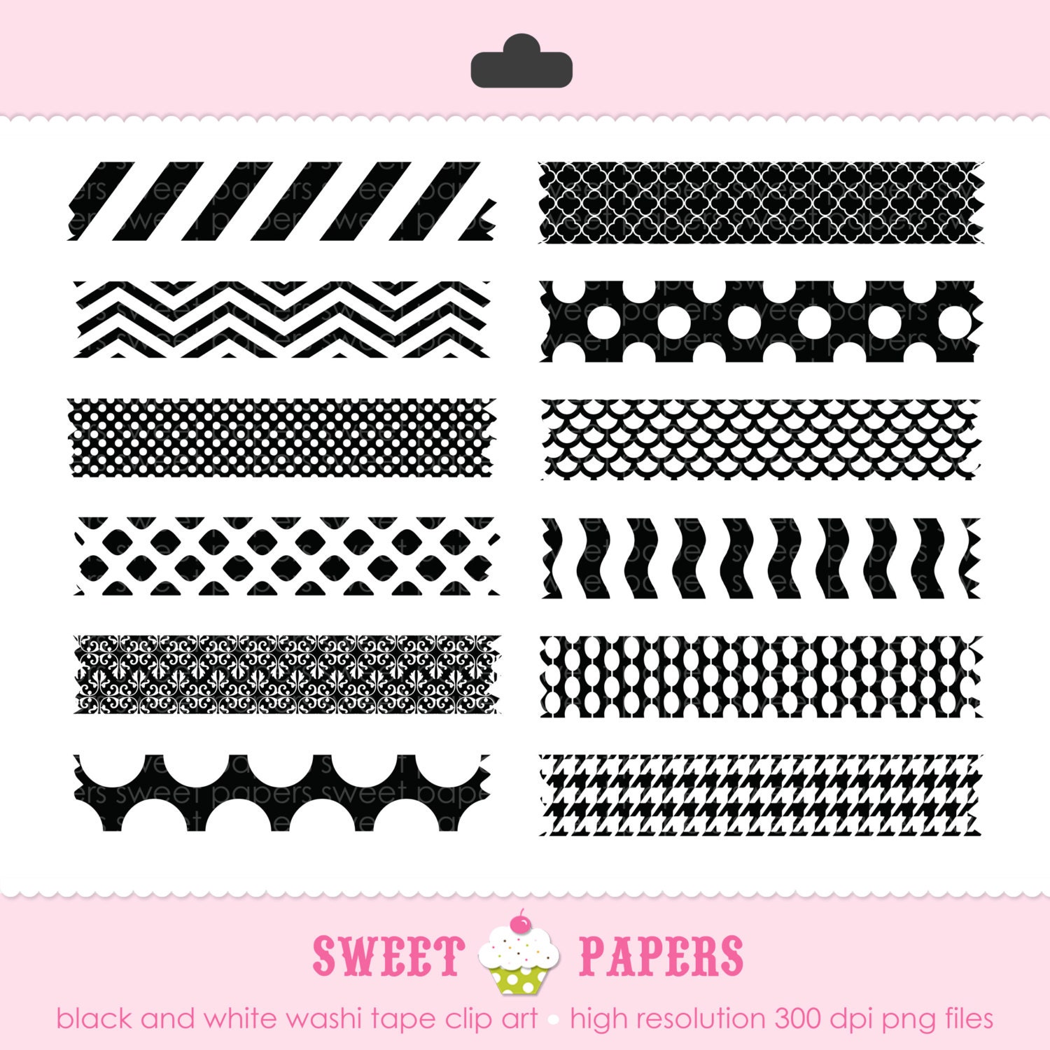Black and White Washi Tape Digital Clip Art Set Commercial