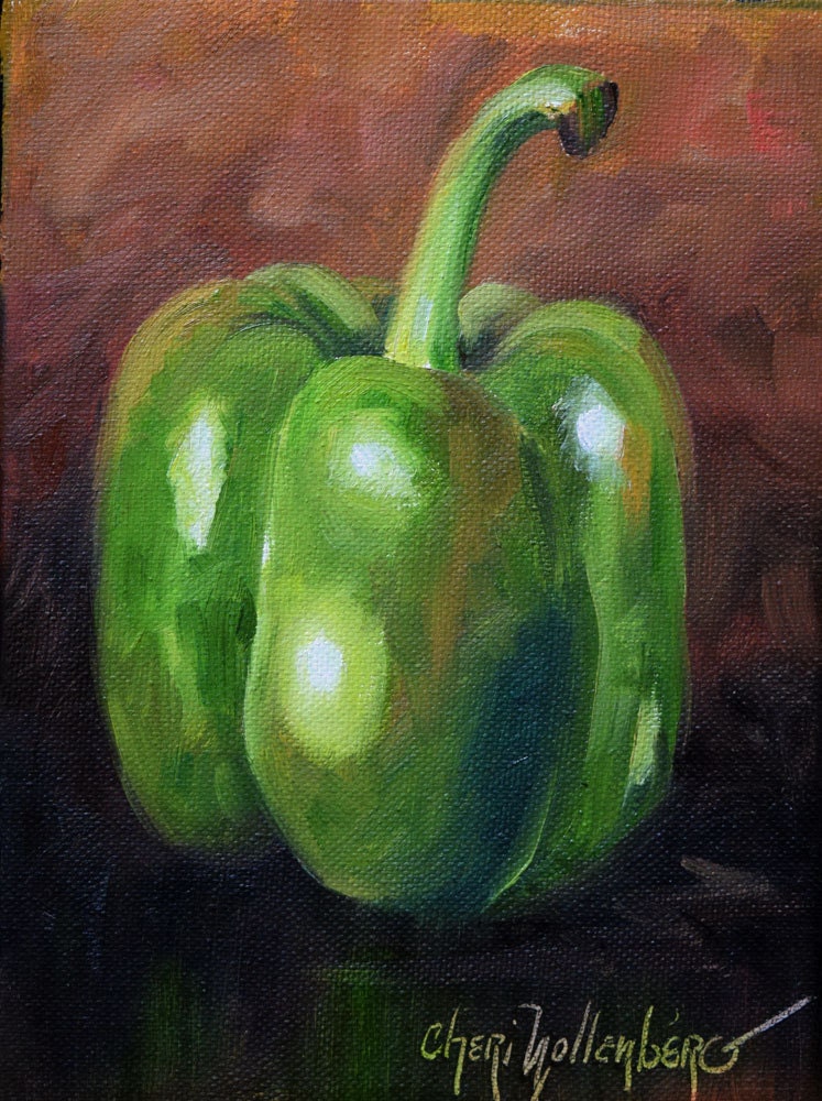 Food Art Still Life Painting Green Bell Pepper Small Oil